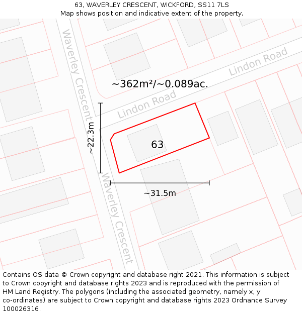 63, WAVERLEY CRESCENT, WICKFORD, SS11 7LS: Plot and title map
