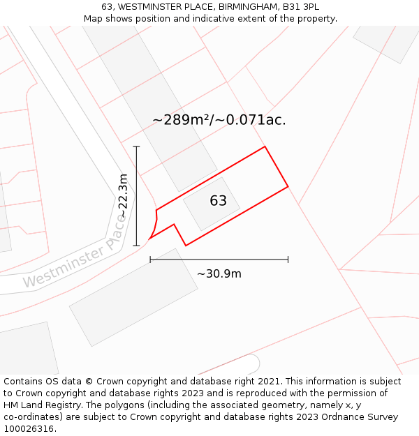 63, WESTMINSTER PLACE, BIRMINGHAM, B31 3PL: Plot and title map