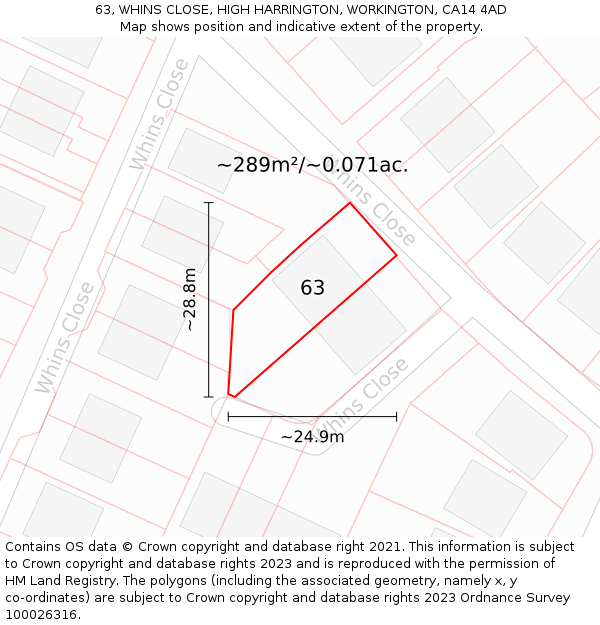 63, WHINS CLOSE, HIGH HARRINGTON, WORKINGTON, CA14 4AD: Plot and title map