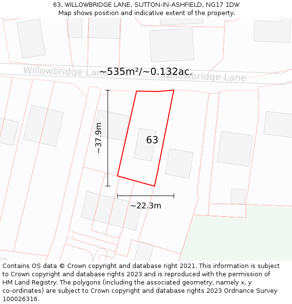 63, WILLOWBRIDGE LANE, SUTTON-IN-ASHFIELD, NG17 1DW: Plot and title map