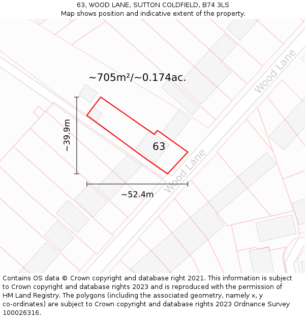 63, WOOD LANE, SUTTON COLDFIELD, B74 3LS: Plot and title map