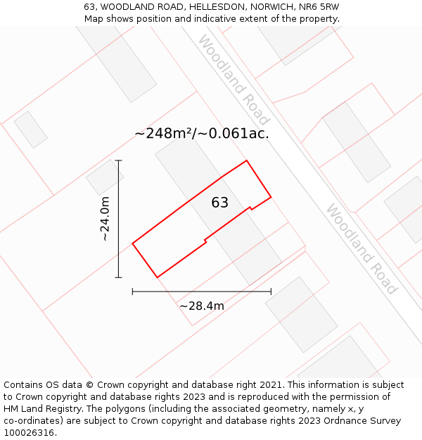 63, WOODLAND ROAD, HELLESDON, NORWICH, NR6 5RW: Plot and title map