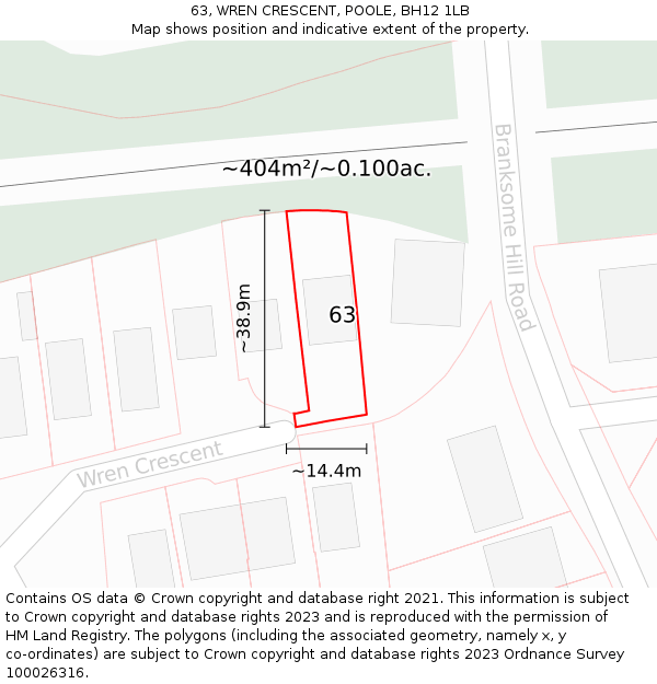 63, WREN CRESCENT, POOLE, BH12 1LB: Plot and title map