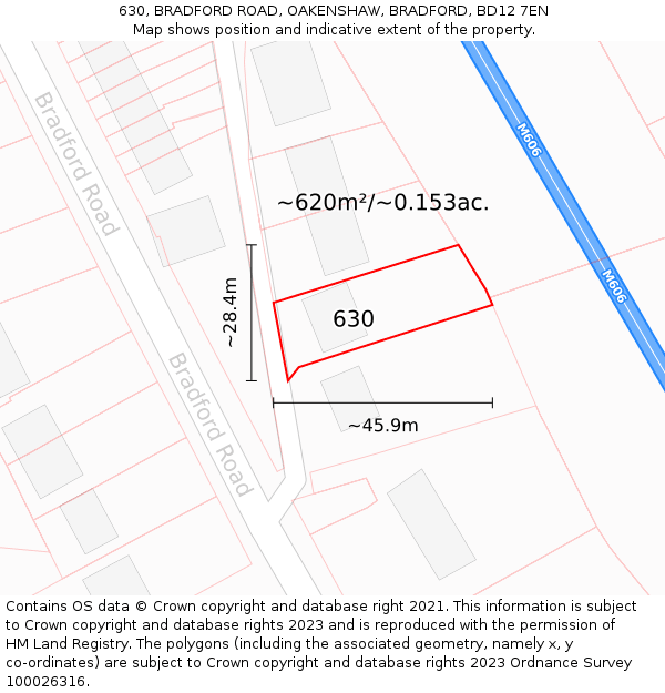 630, BRADFORD ROAD, OAKENSHAW, BRADFORD, BD12 7EN: Plot and title map