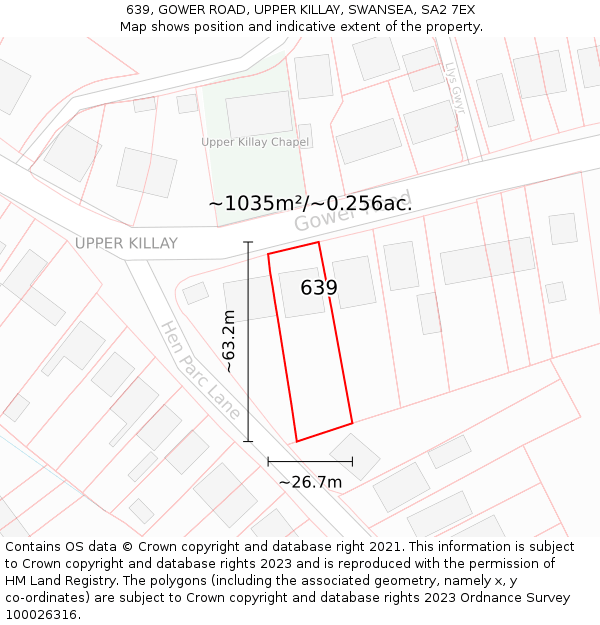 639, GOWER ROAD, UPPER KILLAY, SWANSEA, SA2 7EX: Plot and title map