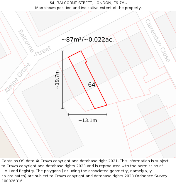 64, BALCORNE STREET, LONDON, E9 7AU: Plot and title map