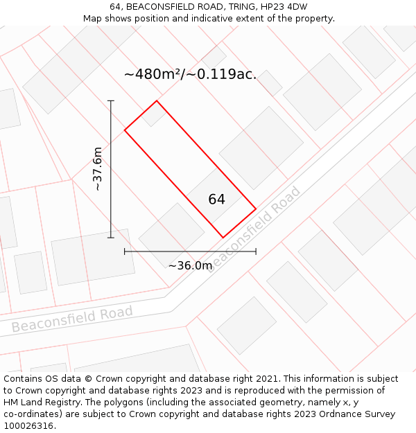 64, BEACONSFIELD ROAD, TRING, HP23 4DW: Plot and title map