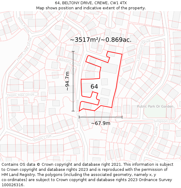 64, BELTONY DRIVE, CREWE, CW1 4TX: Plot and title map