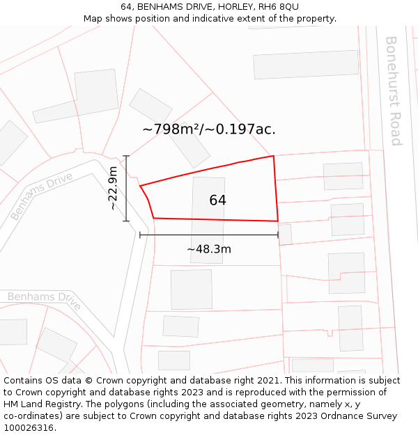 64, BENHAMS DRIVE, HORLEY, RH6 8QU: Plot and title map