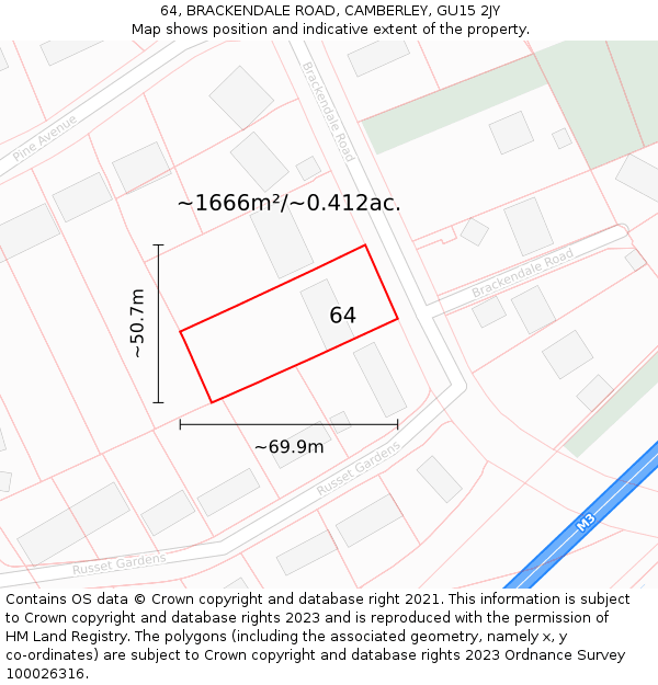 64, BRACKENDALE ROAD, CAMBERLEY, GU15 2JY: Plot and title map