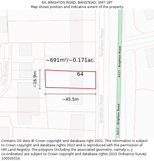 64, BRIGHTON ROAD, BANSTEAD, SM7 1BT: Plot and title map