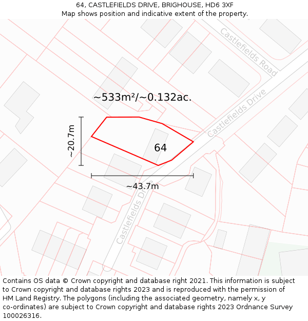 64, CASTLEFIELDS DRIVE, BRIGHOUSE, HD6 3XF: Plot and title map