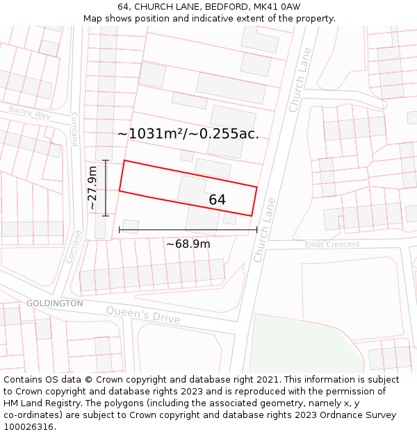 64, CHURCH LANE, BEDFORD, MK41 0AW: Plot and title map