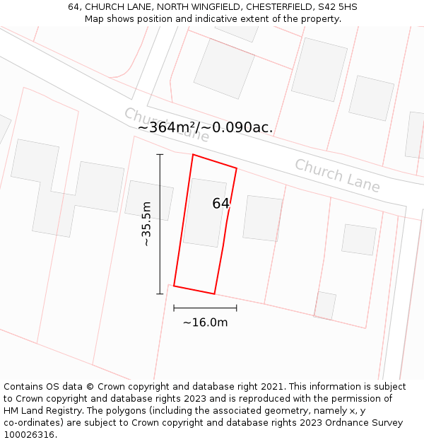 64, CHURCH LANE, NORTH WINGFIELD, CHESTERFIELD, S42 5HS: Plot and title map