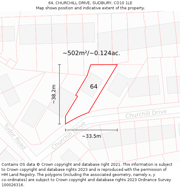 64, CHURCHILL DRIVE, SUDBURY, CO10 1LE: Plot and title map