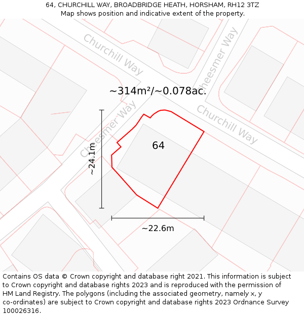 64, CHURCHILL WAY, BROADBRIDGE HEATH, HORSHAM, RH12 3TZ: Plot and title map