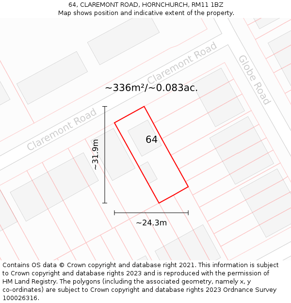 64, CLAREMONT ROAD, HORNCHURCH, RM11 1BZ: Plot and title map