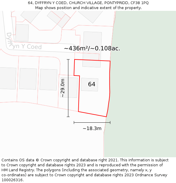 64, DYFFRYN Y COED, CHURCH VILLAGE, PONTYPRIDD, CF38 1PQ: Plot and title map