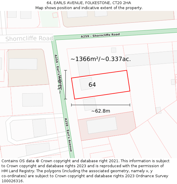 64, EARLS AVENUE, FOLKESTONE, CT20 2HA: Plot and title map