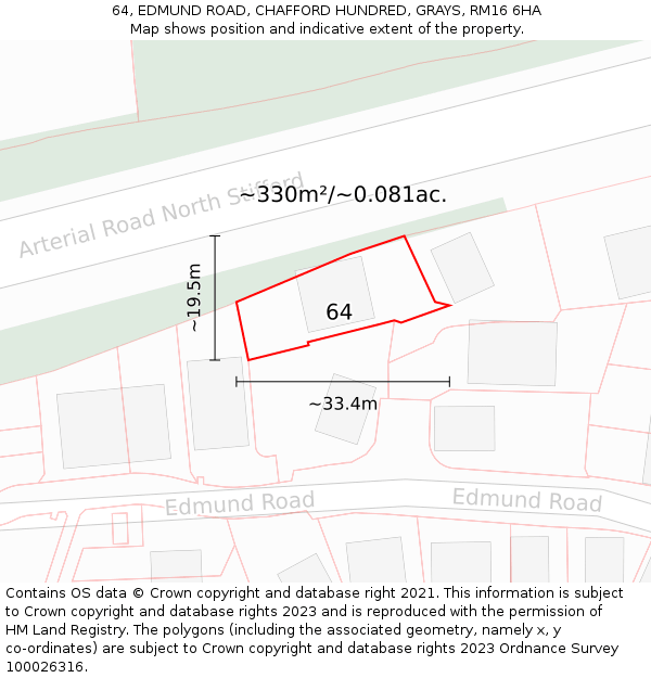 64, EDMUND ROAD, CHAFFORD HUNDRED, GRAYS, RM16 6HA: Plot and title map