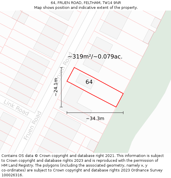 64, FRUEN ROAD, FELTHAM, TW14 9NR: Plot and title map