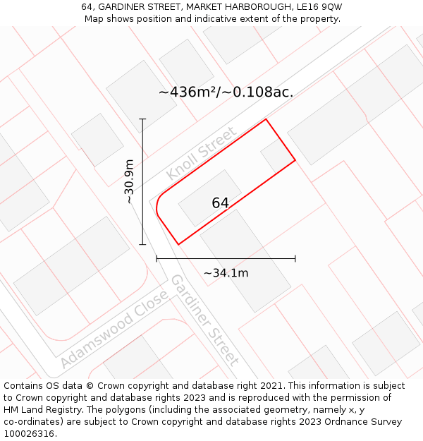 64, GARDINER STREET, MARKET HARBOROUGH, LE16 9QW: Plot and title map