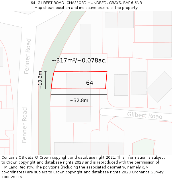 64, GILBERT ROAD, CHAFFORD HUNDRED, GRAYS, RM16 6NR: Plot and title map