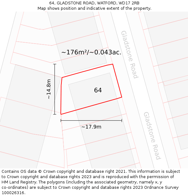 64, GLADSTONE ROAD, WATFORD, WD17 2RB: Plot and title map