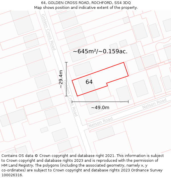 64, GOLDEN CROSS ROAD, ROCHFORD, SS4 3DQ: Plot and title map