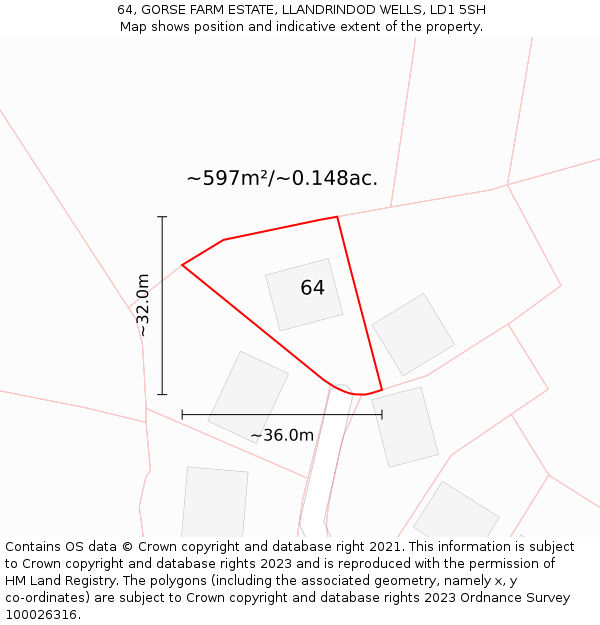 64, GORSE FARM ESTATE, LLANDRINDOD WELLS, LD1 5SH: Plot and title map