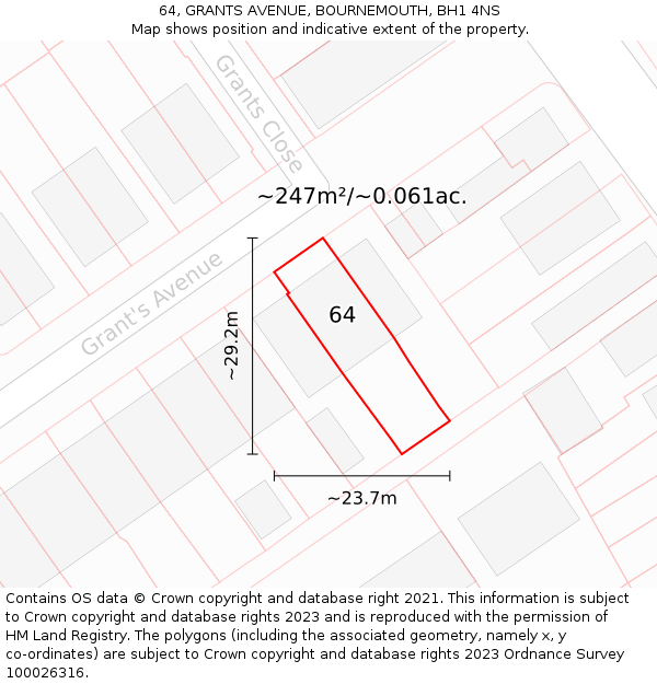 64, GRANTS AVENUE, BOURNEMOUTH, BH1 4NS: Plot and title map