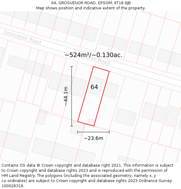 64, GROSVENOR ROAD, EPSOM, KT18 6JB: Plot and title map