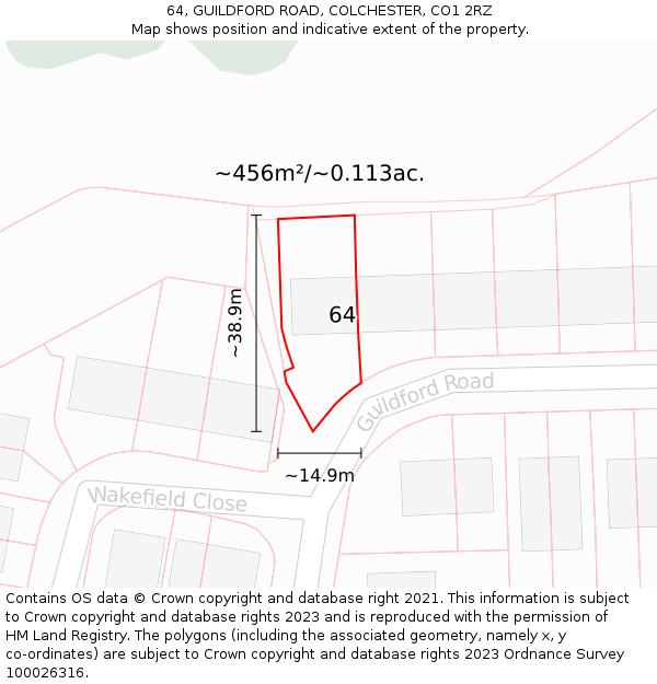 64, GUILDFORD ROAD, COLCHESTER, CO1 2RZ: Plot and title map