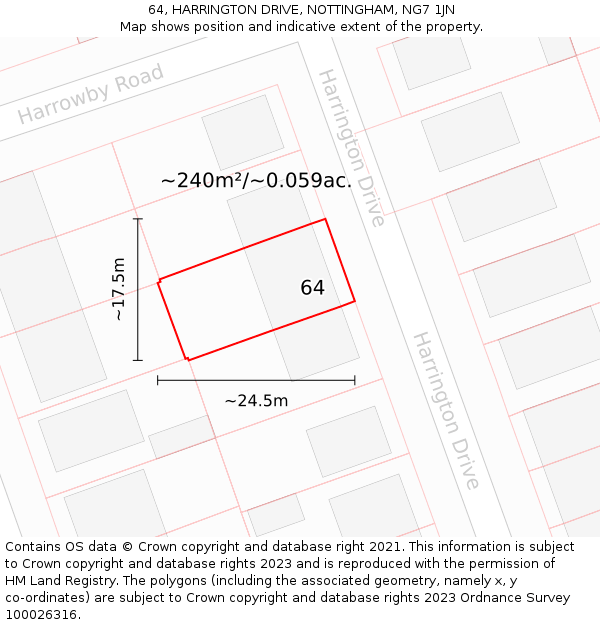 64, HARRINGTON DRIVE, NOTTINGHAM, NG7 1JN: Plot and title map