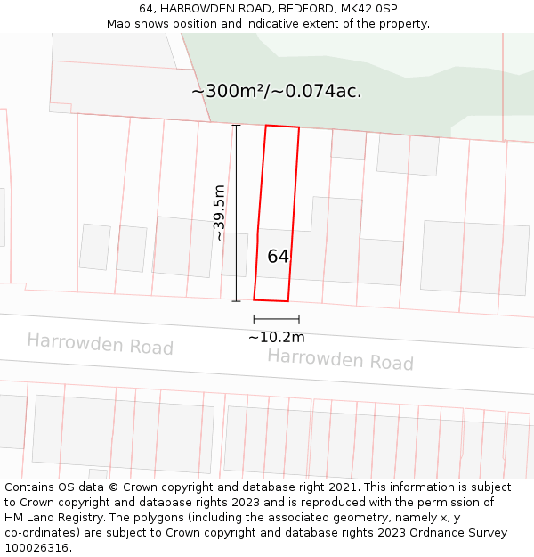 64, HARROWDEN ROAD, BEDFORD, MK42 0SP: Plot and title map