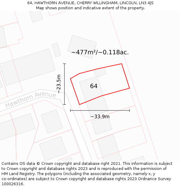 64, HAWTHORN AVENUE, CHERRY WILLINGHAM, LINCOLN, LN3 4JS: Plot and title map
