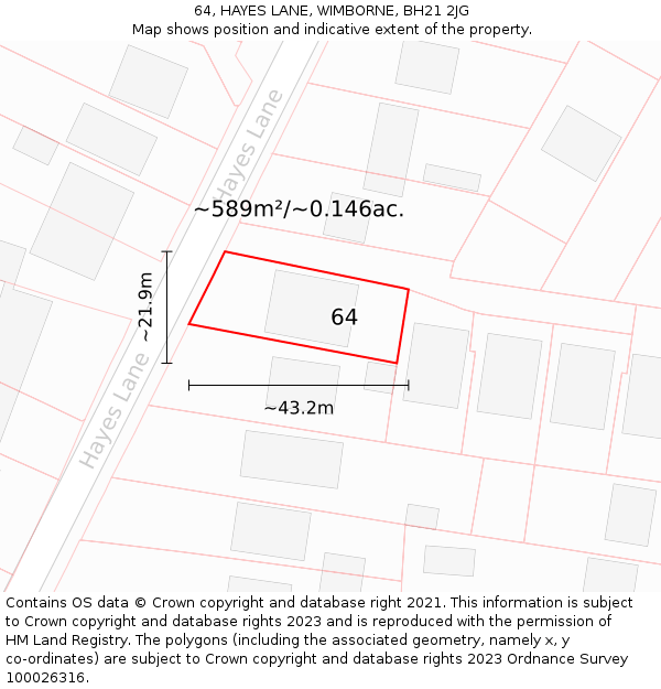 64, HAYES LANE, WIMBORNE, BH21 2JG: Plot and title map