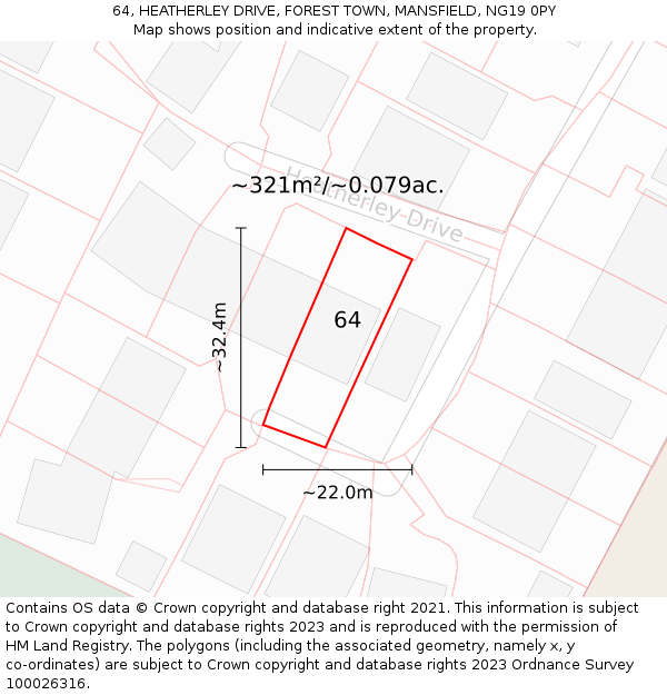 64, HEATHERLEY DRIVE, FOREST TOWN, MANSFIELD, NG19 0PY: Plot and title map