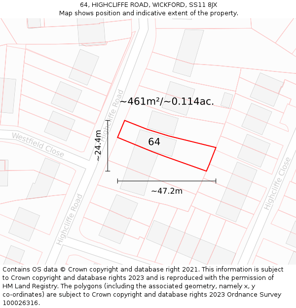 64, HIGHCLIFFE ROAD, WICKFORD, SS11 8JX: Plot and title map