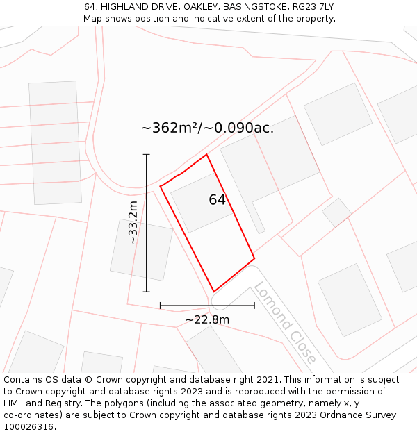 64, HIGHLAND DRIVE, OAKLEY, BASINGSTOKE, RG23 7LY: Plot and title map