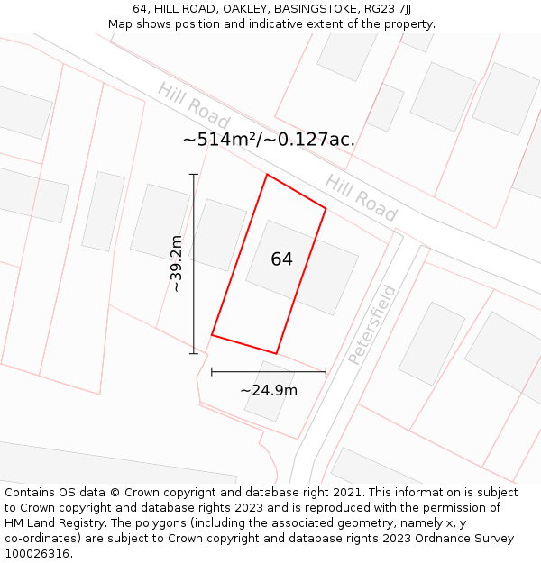 64, HILL ROAD, OAKLEY, BASINGSTOKE, RG23 7JJ: Plot and title map