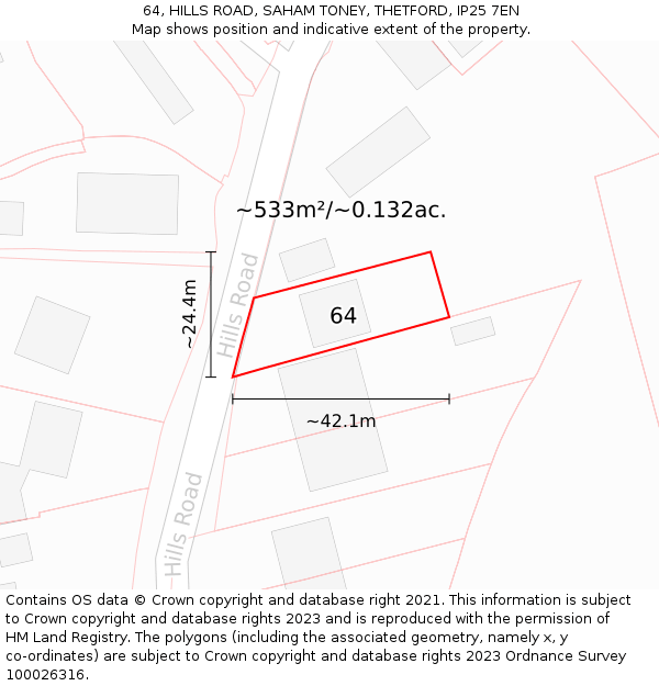 64, HILLS ROAD, SAHAM TONEY, THETFORD, IP25 7EN: Plot and title map