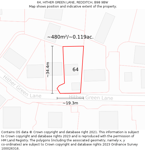 64, HITHER GREEN LANE, REDDITCH, B98 9BW: Plot and title map