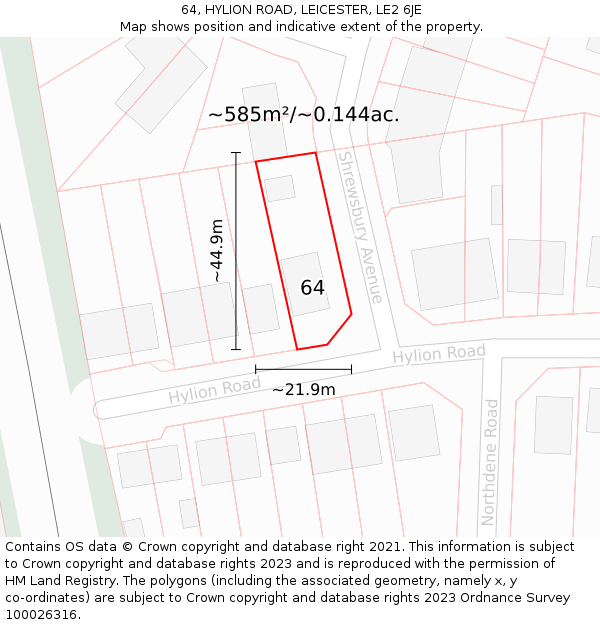 64, HYLION ROAD, LEICESTER, LE2 6JE: Plot and title map
