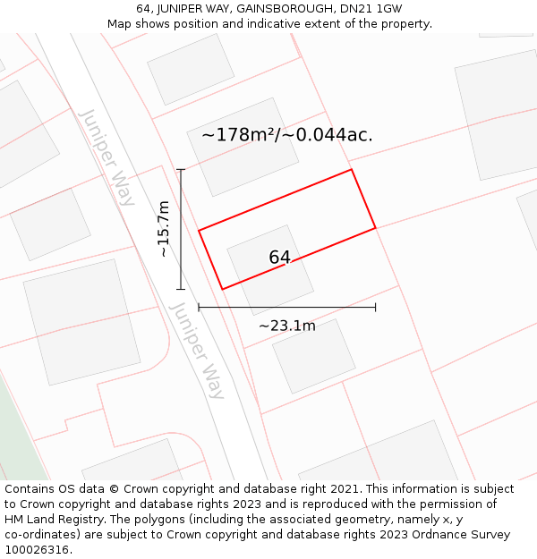 64, JUNIPER WAY, GAINSBOROUGH, DN21 1GW: Plot and title map