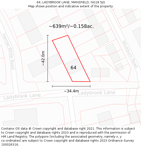 64, LADYBROOK LANE, MANSFIELD, NG18 5JG: Plot and title map