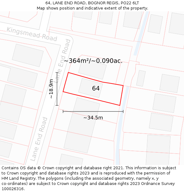 64, LANE END ROAD, BOGNOR REGIS, PO22 6LT: Plot and title map