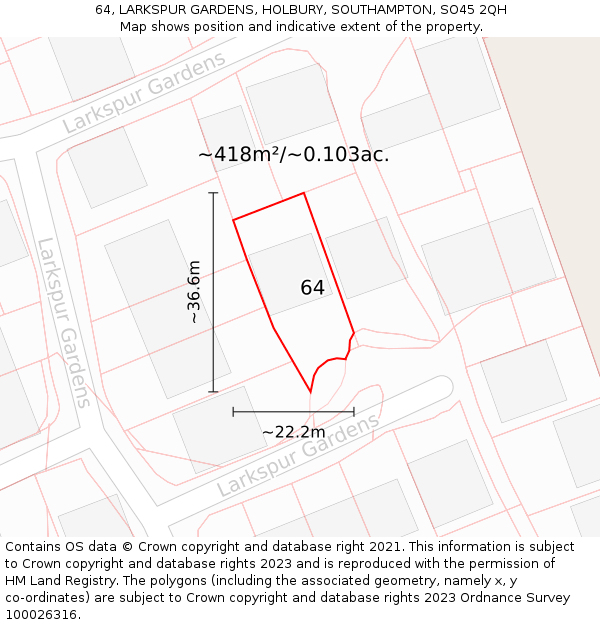 64, LARKSPUR GARDENS, HOLBURY, SOUTHAMPTON, SO45 2QH: Plot and title map