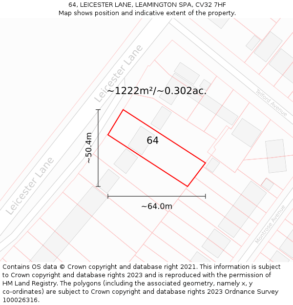 64, LEICESTER LANE, LEAMINGTON SPA, CV32 7HF: Plot and title map