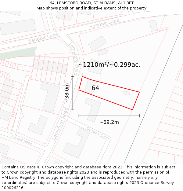 64, LEMSFORD ROAD, ST ALBANS, AL1 3PT: Plot and title map